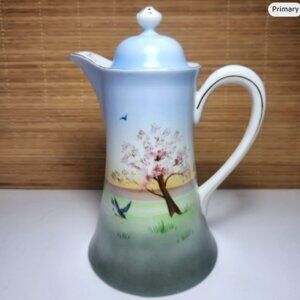 Antique Hand Painted Nippon Lidded Pitcher • Birds & Blossoms • Gold Trim • 1910